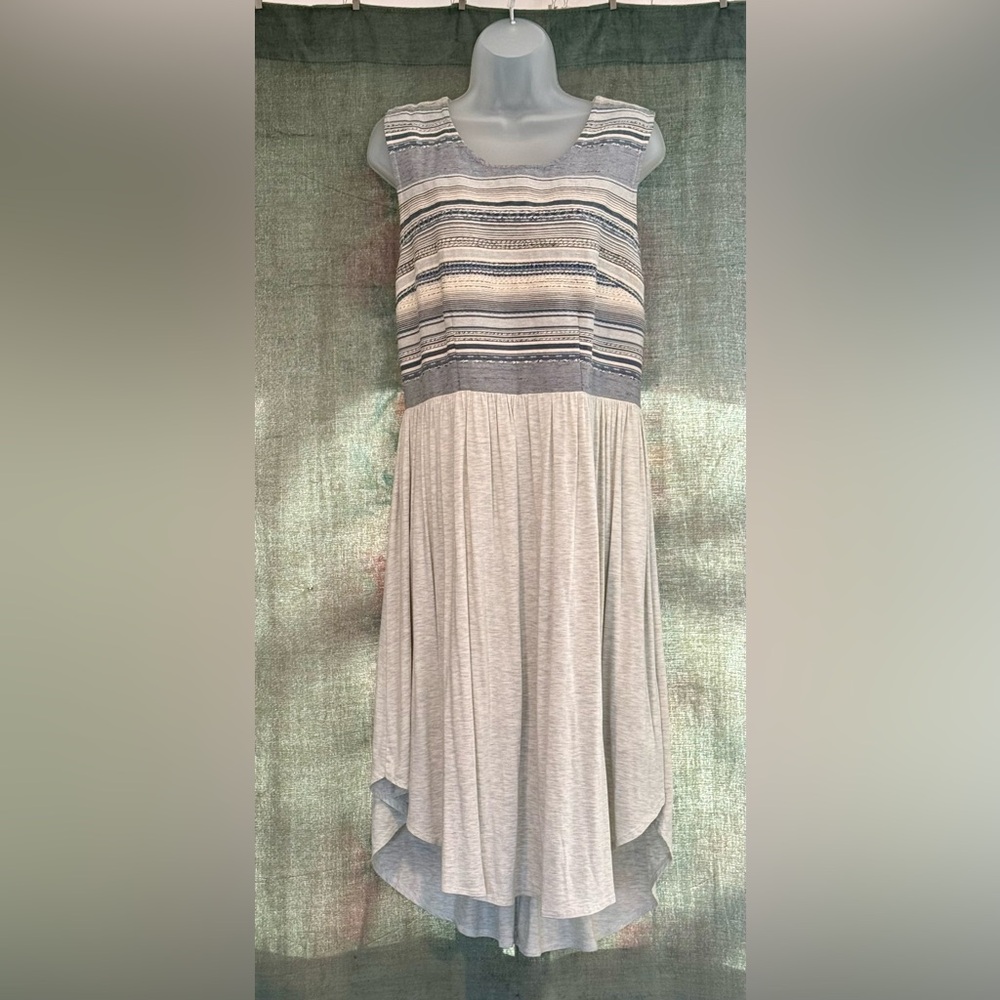 Sleeveless knit midi dress (large) in denim tones on oatmeal from Anthropologie